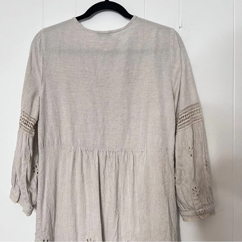 Tommy Bahama St. Lucia Linen Tan Eyelet Mini Dress Coastal Balloon Sleeve Size S - Picture 4 of 10